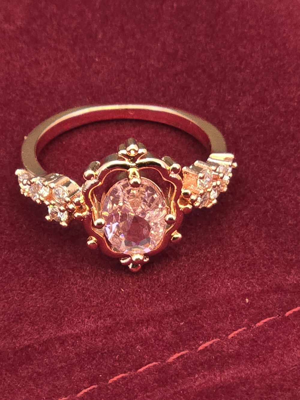 Rose Gold Vintage Princess Pink Crystal Halo Ring